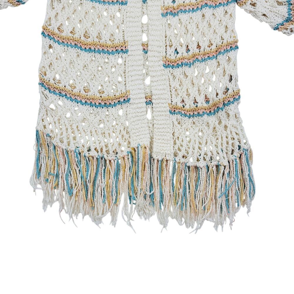 Boho Hippie Cotton Crochet Open Knit Fringe Long Hooded Duster Women's Size M/L - Picture 2 of 8